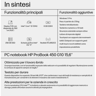 HP ProBook 450 G10 Intel® Core™ i5 i5-1334U Computer portatile 39,6 cm (15.6") Full HD 8 GB DDR4-SDRAM 256 GB SSD Wi-Fi 6E