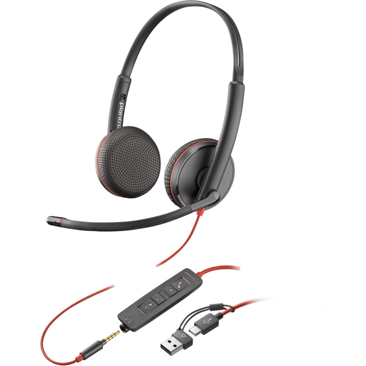 POLY Cuffie stereo Blackwire 3225 con connettore USB-C + spina da 3,5 mm + adattatore USB-C A