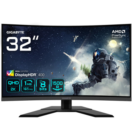 GIGABYTE G32QC A 31.5" Monitor da Gioco Curvo QHD - 2560 x 1440, 1500R, 165Hz, 1ms, 350 cd m², FreeSync Premium Pro, Display